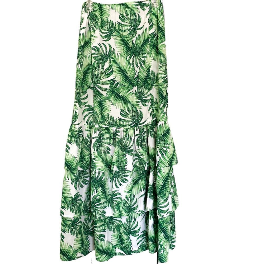 Boohoo White Green Tropical Print High Waist Maxi Tiered Skirt Size 4